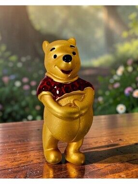 Vintage Disney Winnie The Pooh Brooch Pin Gold Tone Textured Red Sparkle Shirt